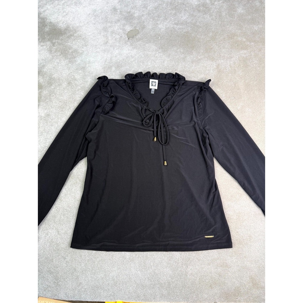 Anne Klein Blouse Top Womens Large Black Ruffle Neck Tie Front Pullover Preppy